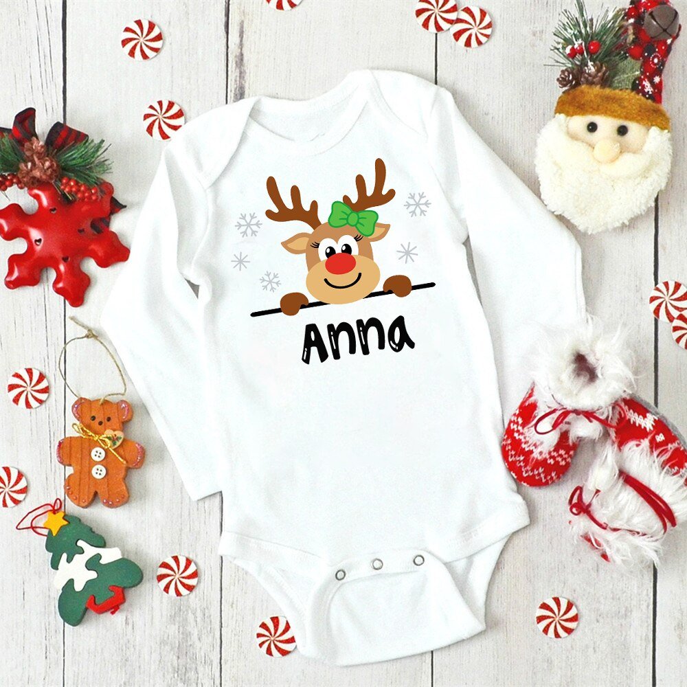 Custom Naam Baby Kerst Bodysuits Gepersonaliseerde Herten Pasgeboren Kleding Jongens Meisjes Lange Mouw Jumpsuit Xmas Party Baby Outfits