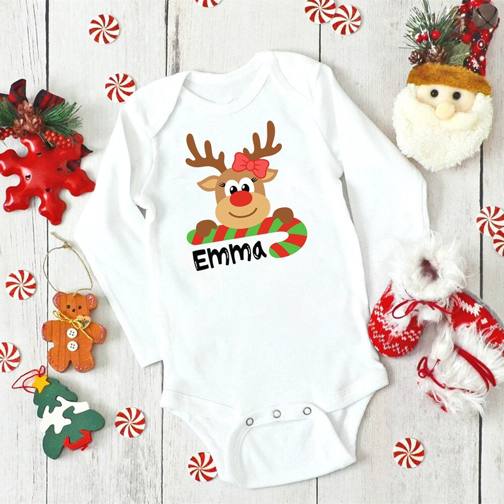 Custom Naam Baby Kerst Bodysuits Gepersonaliseerde Herten Pasgeboren Kleding Jongens Meisjes Lange Mouw Jumpsuit Xmas Party Baby Outfits