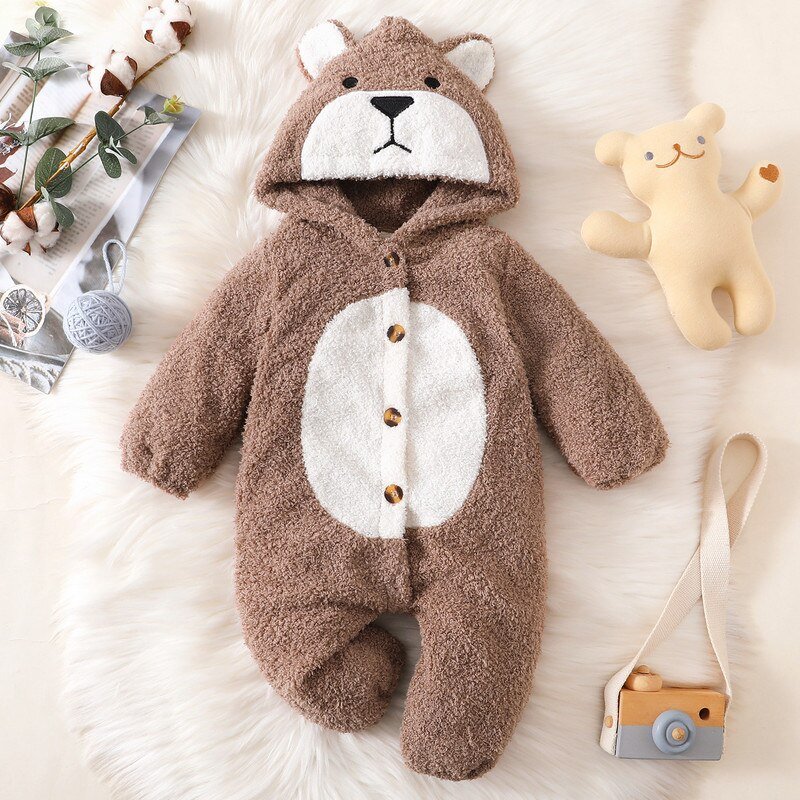 Pasgeboren Baby Jongen Meisje Kleding Herfst Winter Romper Cartoon Beer Lange Mouwen Hooded Jumpsuit Met Knoppen Outfit 0-18 Maanden