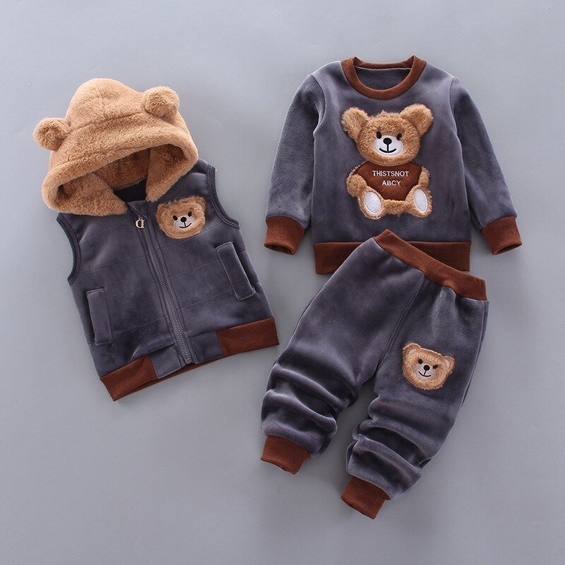 Herfst Winter Baby Jongens Kleding Sets Dikke Fleece Cartoon Beer Jas Vest Broek 3Pcs Katoen Sport Pak Voor Meisjes warm Outfits