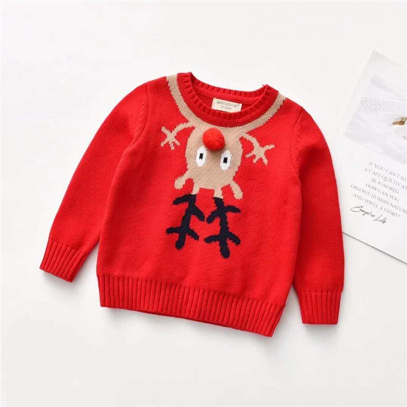 Peuter Kerst Trui Tops Baby Cartoon Herten Lange Mouwen Ronde Hals Gebreide Trui Met Pompom Herfst Winter Kleding