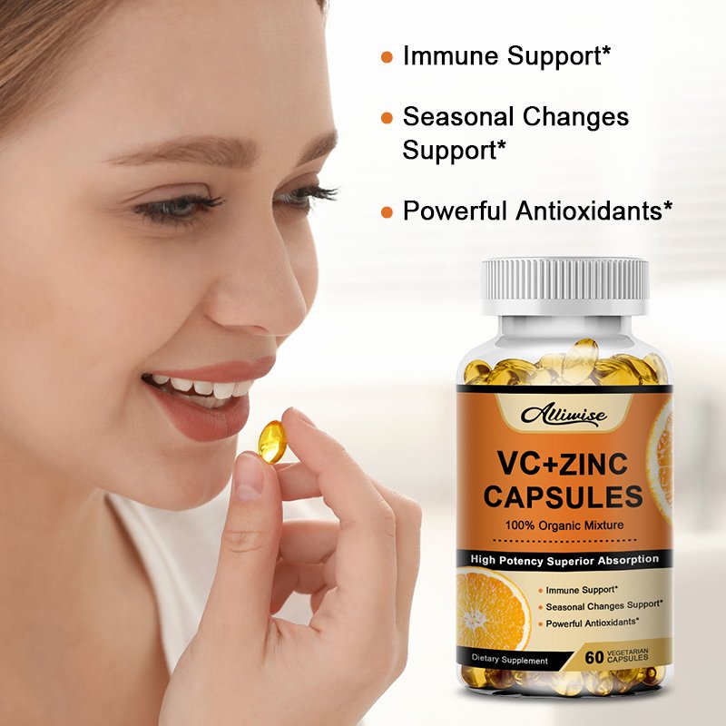 Alliwise Organische Vitamine C 1000Mg + Zink 20Mg Capsules Supplementen Antioxidant Immuunsysteem Pigmentatie Anti-Rimpel Whitening Huid