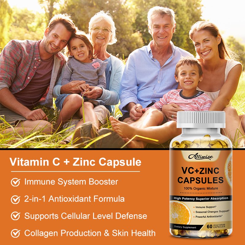 Alliwise Organische Vitamine C 1000Mg + Zink 20Mg Capsules Supplementen Antioxidant Immuunsysteem Pigmentatie Anti-Rimpel Whitening Huid
