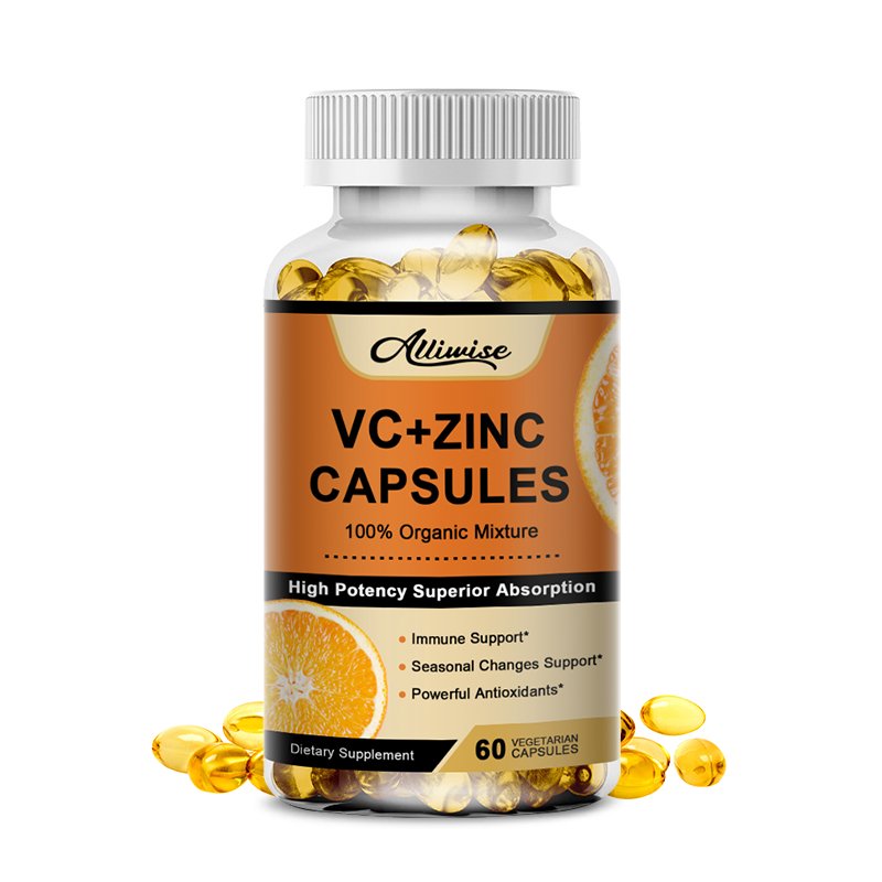 Alliwise Organische Vitamine C 1000Mg + Zink 20Mg Capsules Supplementen Antioxidant Immuunsysteem Pigmentatie Anti-Rimpel Whitening Huid