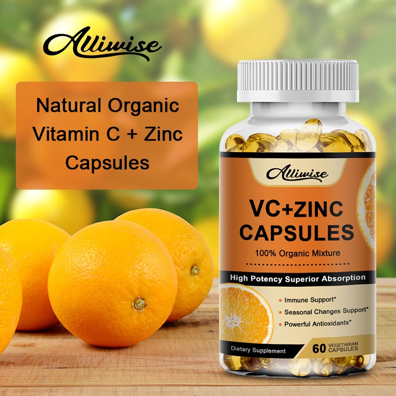 Alliwise Organische Vitamine C 1000Mg + Zink 20Mg Capsules Supplementen Antioxidant Immuunsysteem Pigmentatie Anti-Rimpel Whitening Huid