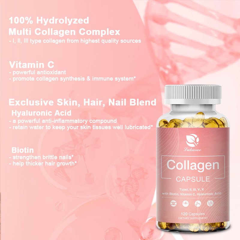 Lukaree Organische Collageen Capsules Whitening Huidverzorging Hydraterende Anti-Rimpel Anti-Aging Gezondheid Voedsel Vitamine C Supplementen