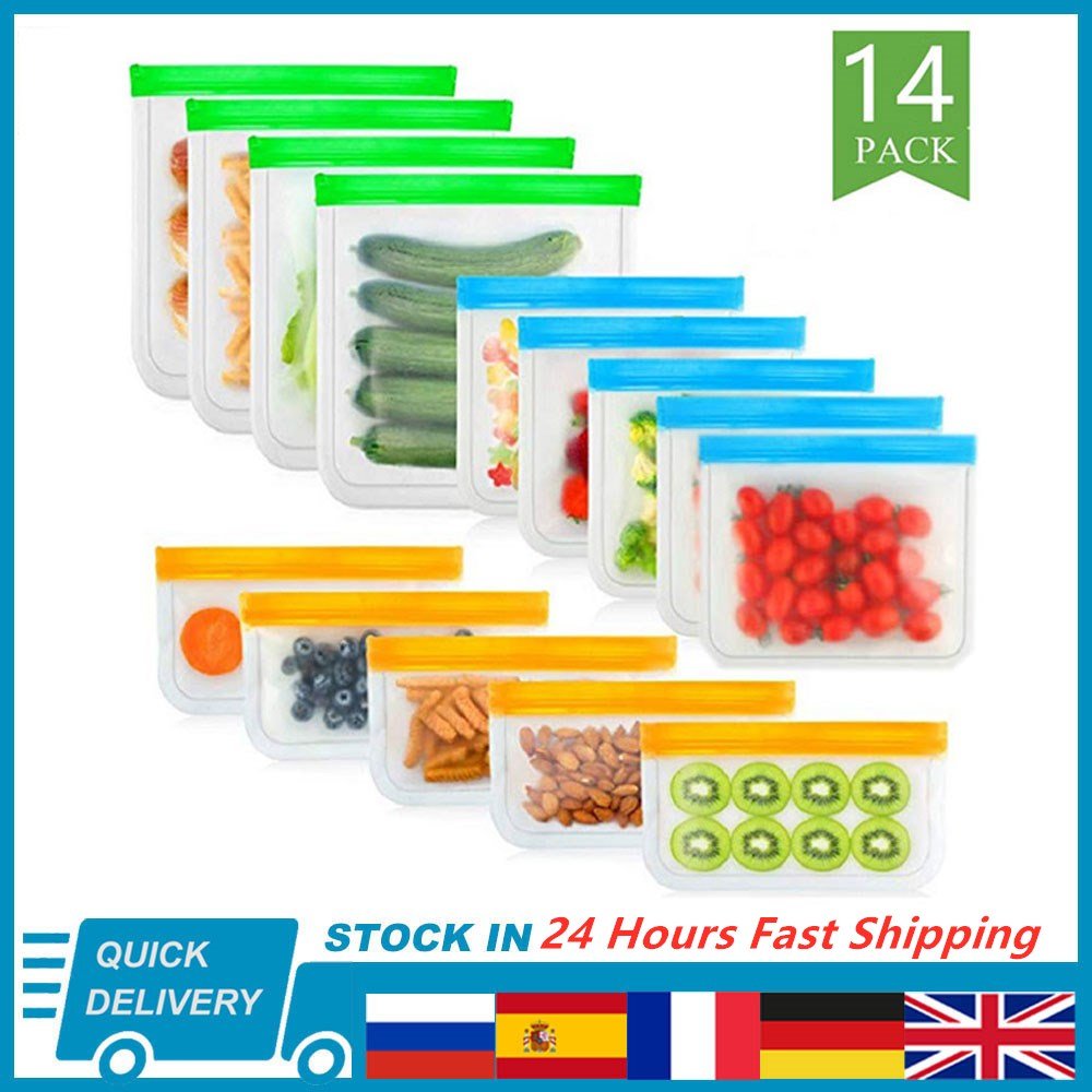 14 Stks/set Van Siliconen Voedsel Zak Herbruikbare Vers Houden Zak Groente-en Verzegelde Zak Lekvrije Voedsel opslag Ziplock Zak