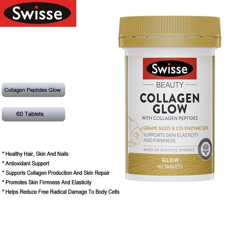 Australië Swisse Schoonheid Collageen Peptiden Glow 60 Tabletten Druif Zaad Co-Enzym Q10 Vrouwen Huid Reparatie Stevigheid Voedingssupplement