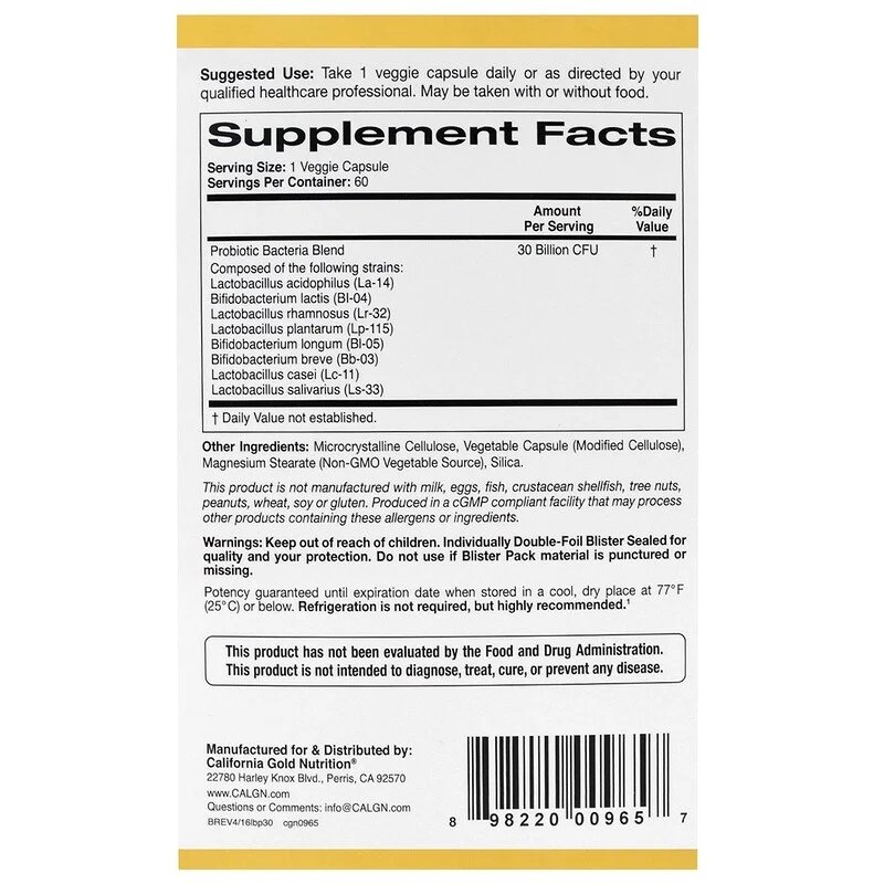 California Goud Voeding, Lactobif Probiotica, 30 Miljard Cfu, 60 Veggie Capsules