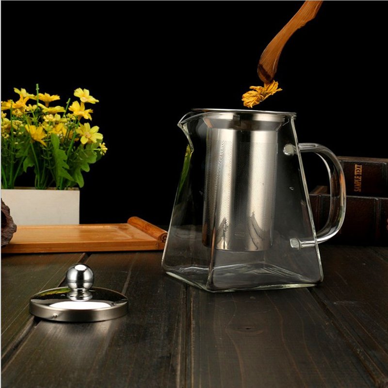 Hittebestendig Glas Theepot Met Roestvrijstalen Theefilter Verwarmde Container Thee Pot Goede Clear Ketel Vierkante Filter Manden