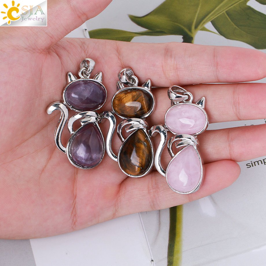 Csja Reiki Natuursteen Kettingen Roze Quartz Hangers Voor Vrouwen Meisje Leuke Kat Vorm Rock Black Onyx Kralen Ketting Sieraden f066