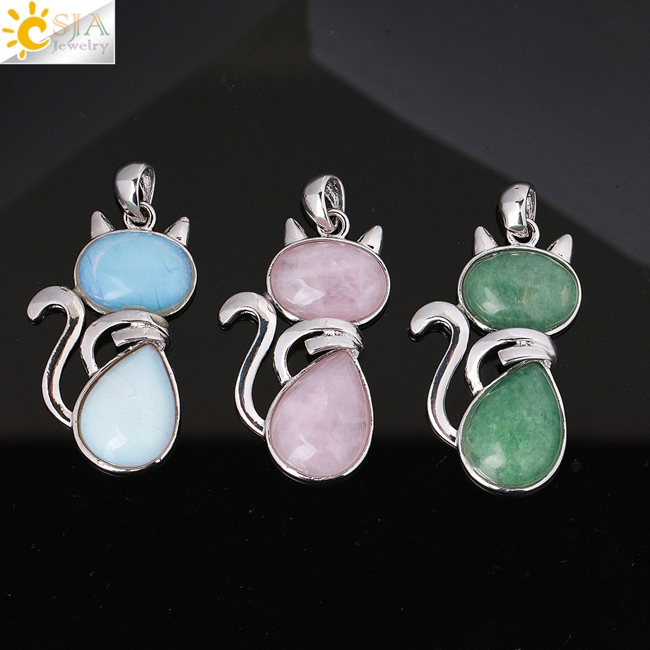 Csja Reiki Natuursteen Kettingen Roze Quartz Hangers Voor Vrouwen Meisje Leuke Kat Vorm Rock Black Onyx Kralen Ketting Sieraden f066