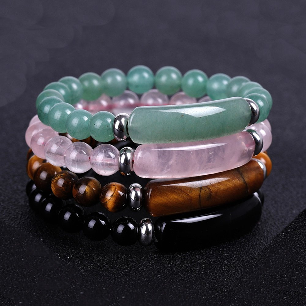 8 Mm Natuursteen Strand Kralen Armband Reiki Healing Roze Kwarts Aventurijn Agaat Rose Crystal Rechthoek Bar Bedels Armbanden