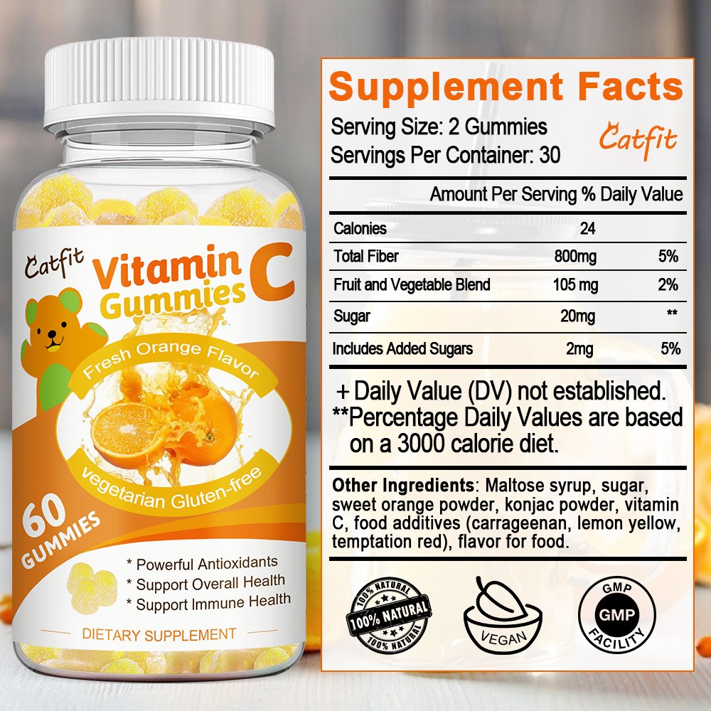 Catfit Zoete Oranje Vitamine C Gummies Anti-Aging Gummies Vc Voedingssupplement Dagelijks Snacks Ruwe Huidverzorging Voedsel