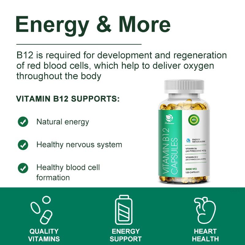 Lukaree Vitamine B12 Capsules Hersenen En Zenuwstelsel Gezondheid Ondersteuning Energie Metabolisme Gezonde Bloed Cellformation Gezondheid Voedsel