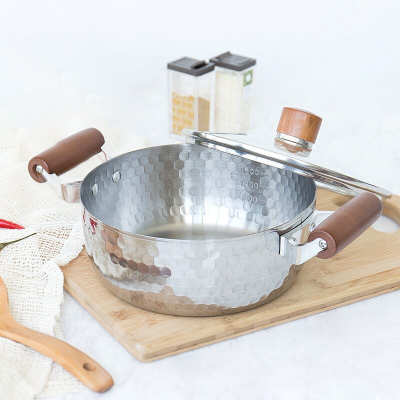 Japanse Stijl Roestvrij Staal Sneeuw Pan Roestvrij Staal Melk Noodle Babyvoeding Gezondheid Kookpan Houten Handvat Hot Pot Koken fornuis
