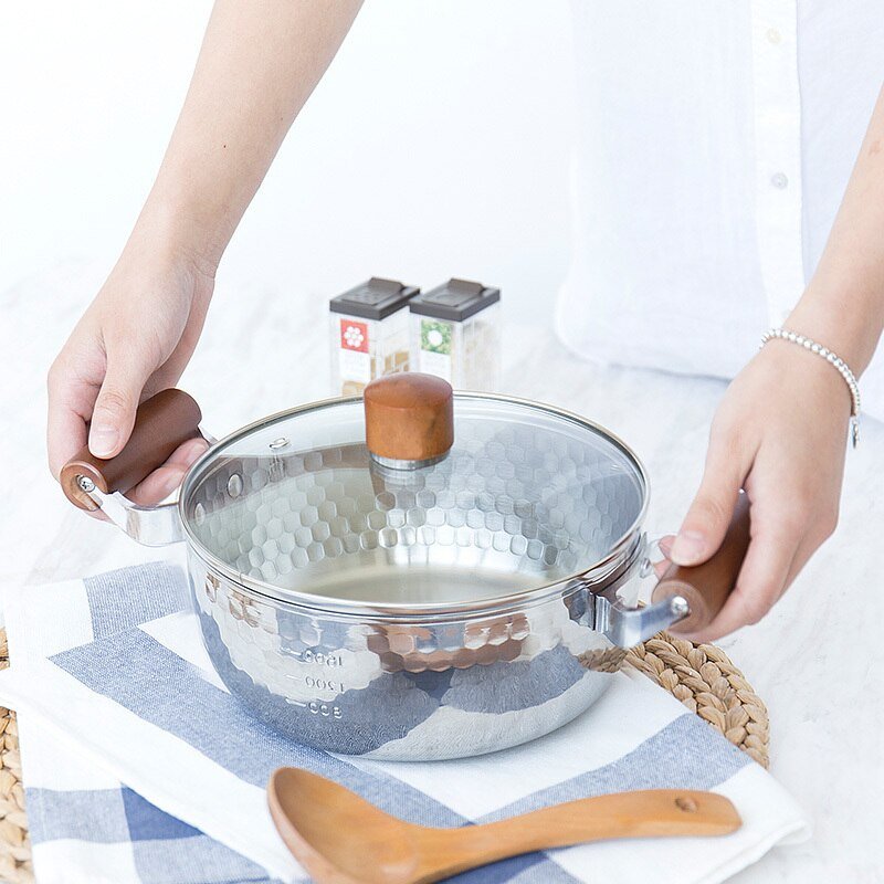 Japanse Stijl Roestvrij Staal Sneeuw Pan Roestvrij Staal Melk Noodle Babyvoeding Gezondheid Kookpan Houten Handvat Hot Pot Koken fornuis
