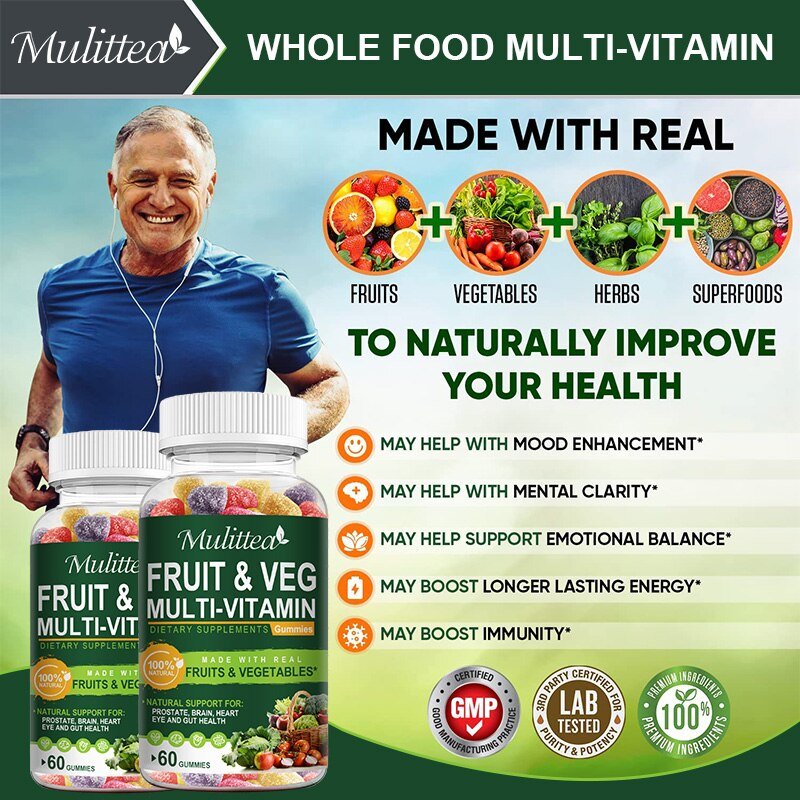 Mulittea Fruit Groente Complex Gummies Detox Voedingsvezels Voor Boost Immuniteit Verhogen Energie Uithoudingsvermogen Supplement Afvallen