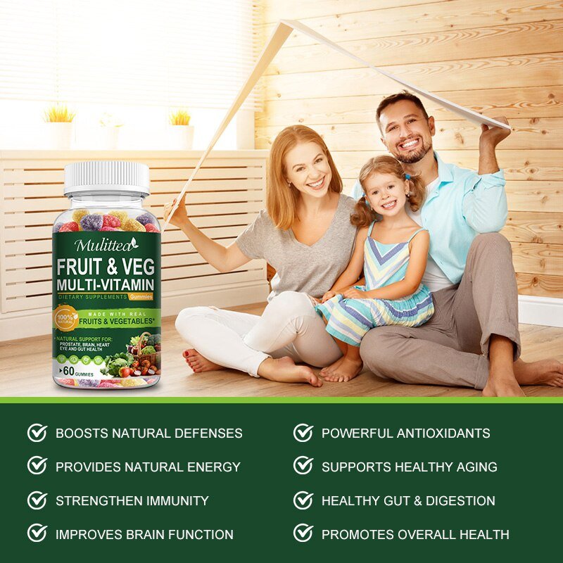 Mulittea Fruit Groente Complex Gummies Detox Voedingsvezels Voor Boost Immuniteit Verhogen Energie Uithoudingsvermogen Supplement Afvallen
