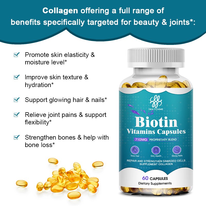 Imatchme 710 Mg Biotine Collageen Capsules Vitaminen Gezonde Haarverzorging, Huid En Nagels En Energie Productie Schoonheid Gezondheid Van Voedsel