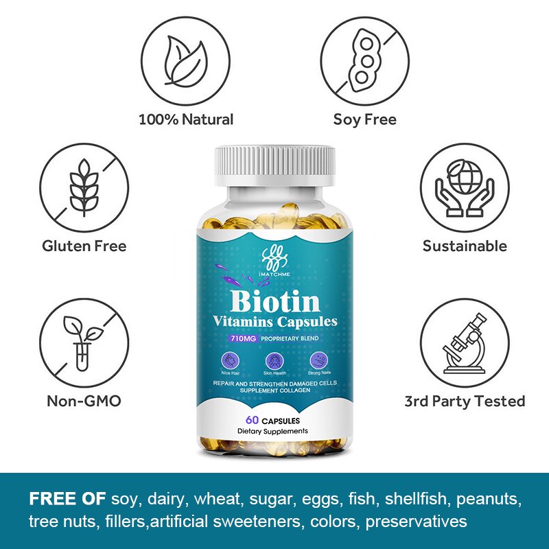 Imatchme 710 Mg Biotine Collageen Capsules Vitaminen Gezonde Haarverzorging, Huid En Nagels En Energie Productie Schoonheid Gezondheid Van Voedsel