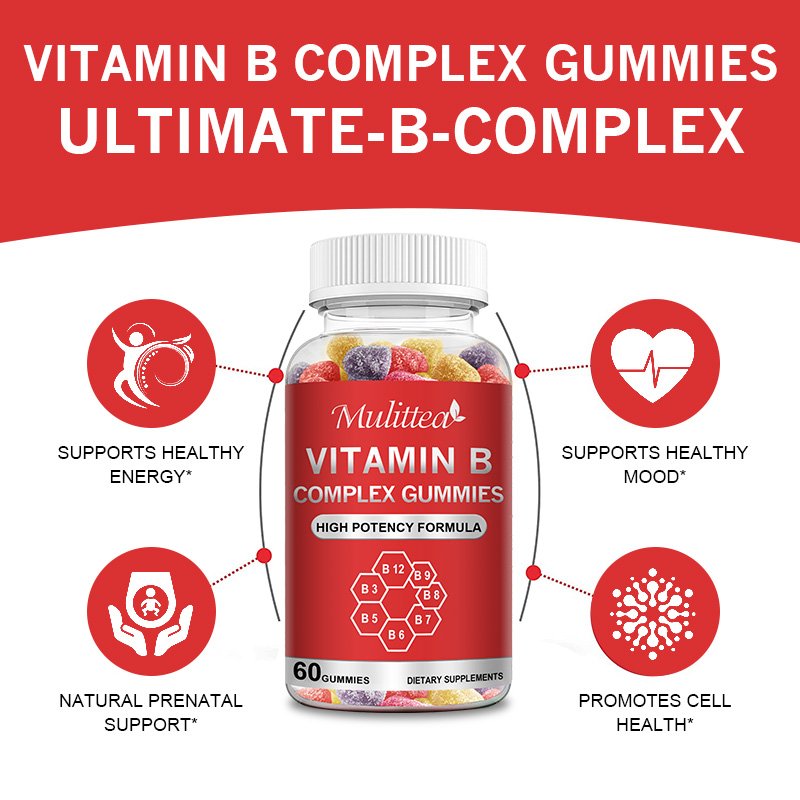 Mulittea Vitamine B Complex Vegan Gummies Vitamine B12 Biotine Voor Verbeteren Stress Energie Gezonde Verhogen Immuunsysteem Supplement