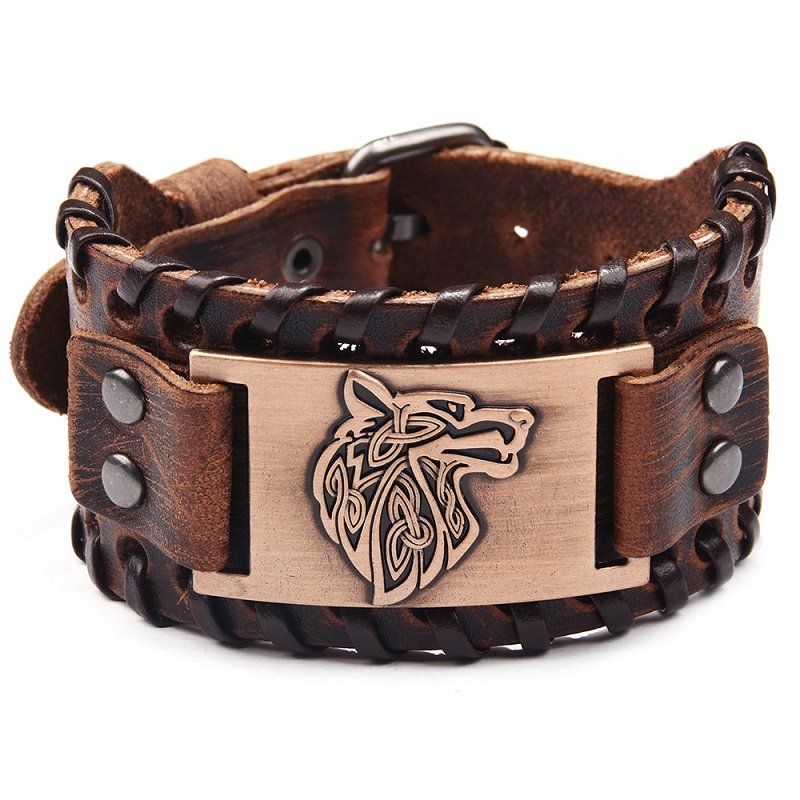 Vintage Viking Lederen Gevlochten Armband Voor Mannen Keltische Wolf Hoofd Armbanden Classic Animal Motieven Sieraden Op De Hand Accessoires