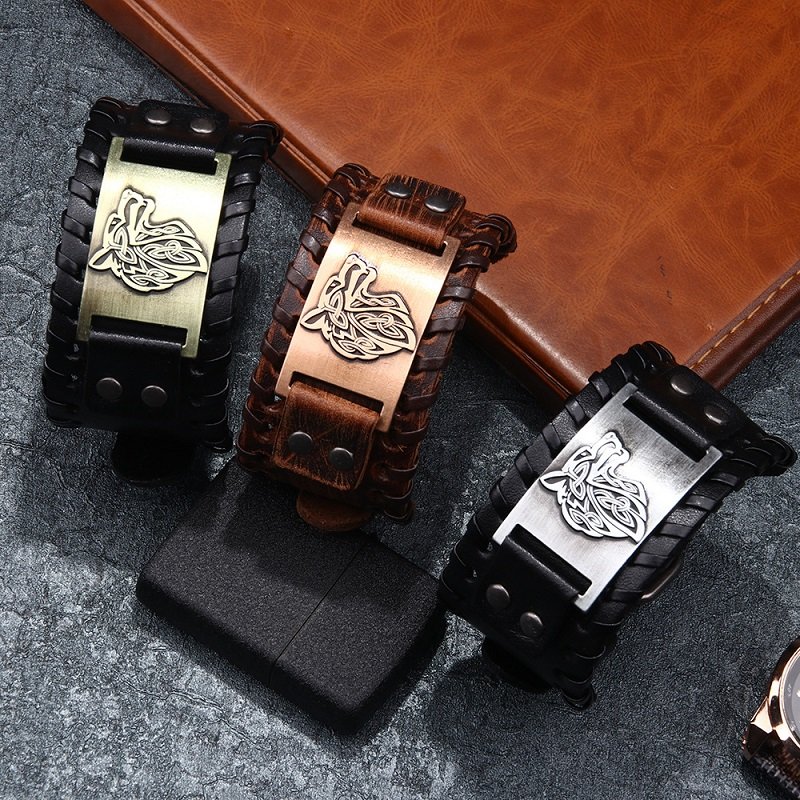 Vintage Viking Lederen Gevlochten Armband Voor Mannen Keltische Wolf Hoofd Armbanden Classic Animal Motieven Sieraden Op De Hand Accessoires