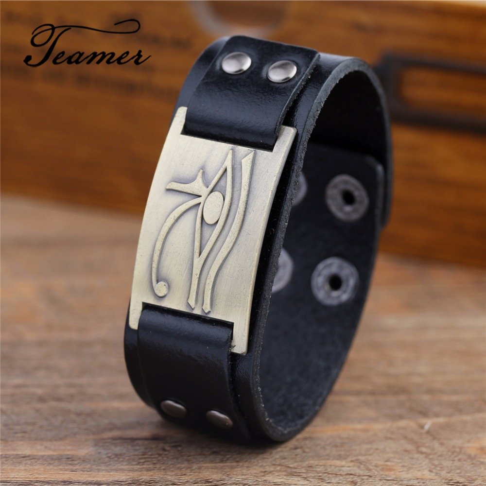 Teamer Egyptische Oog Van Horus Echt Lederen Armband Mannen Vintage Religieuze Egypte Farao Koning Amulet Pols Wrap Sieraden Geschenken