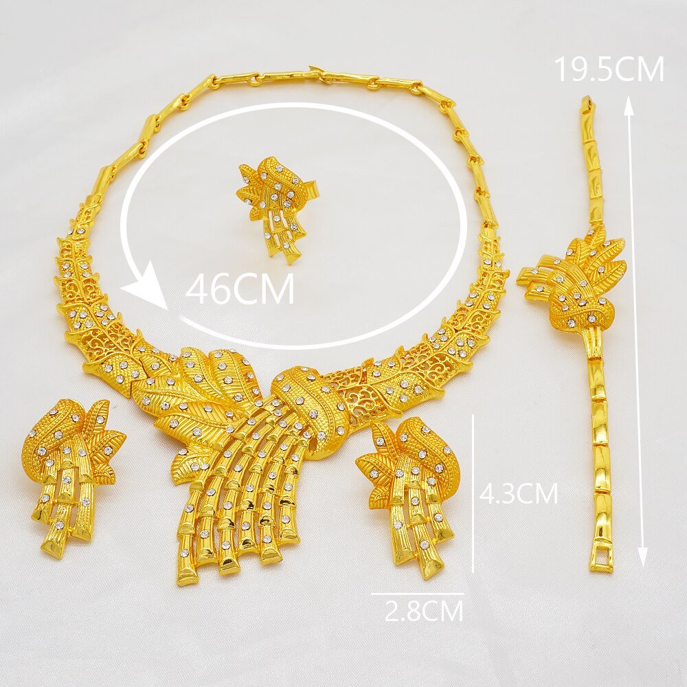 Goud Kleur Sieraden Sets Voor Vrouwen Ketting Oorbellen Dubai Afrikaanse Indian Bridal Accessoire Bloemen Sieraden Sets Ketting