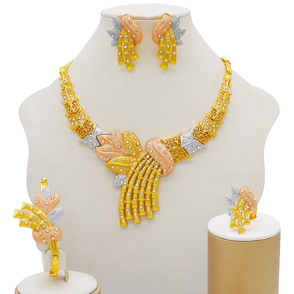 Goud Kleur Sieraden Sets Voor Vrouwen Ketting Oorbellen Dubai Afrikaanse Indian Bridal Accessoire Bloemen Sieraden Sets Ketting