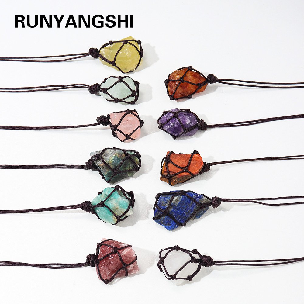 Natuurlijke Kristal Kwarts Ruwe Netto Pocket Hanger Crystal Ketting Healing Stone Reiki Gordijnen Craft Met Weave Touw