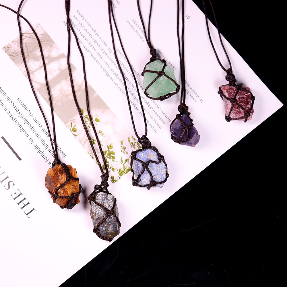 Natuurlijke Kristal Kwarts Ruwe Netto Pocket Hanger Crystal Ketting Healing Stone Reiki Gordijnen Craft Met Weave Touw