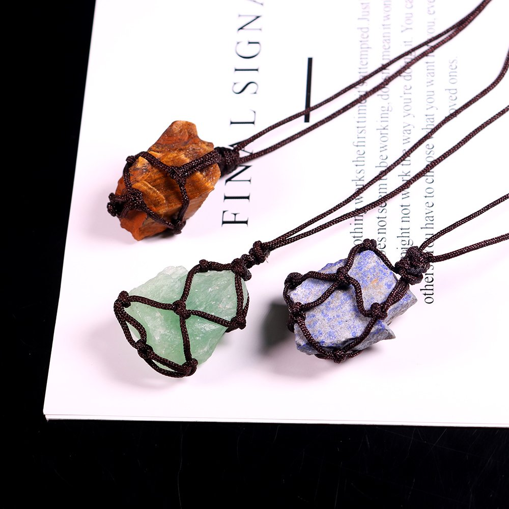 Natuurlijke Kristal Kwarts Ruwe Netto Pocket Hanger Crystal Ketting Healing Stone Reiki Gordijnen Craft Met Weave Touw