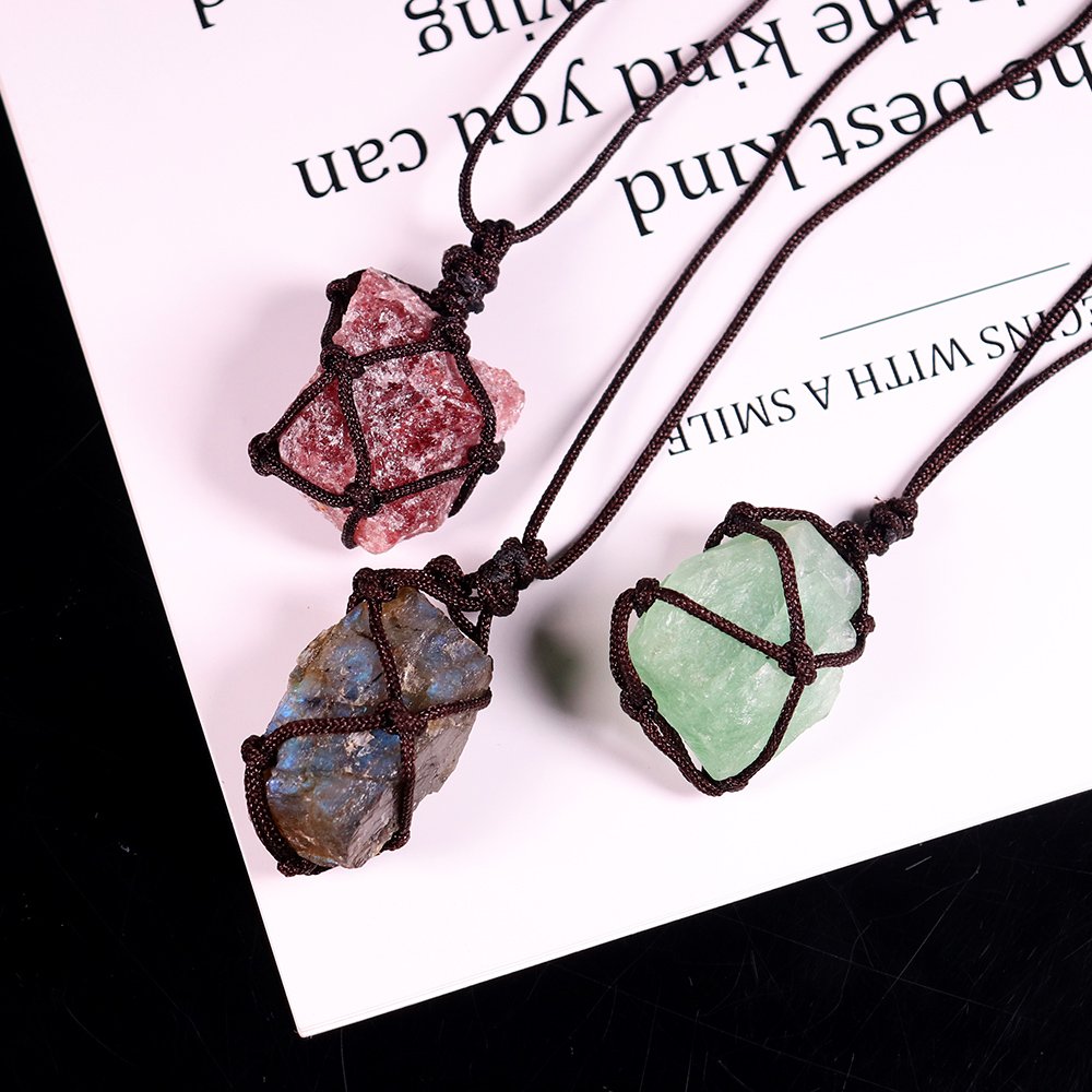 Natuurlijke Kristal Kwarts Ruwe Netto Pocket Hanger Crystal Ketting Healing Stone Reiki Gordijnen Craft Met Weave Touw