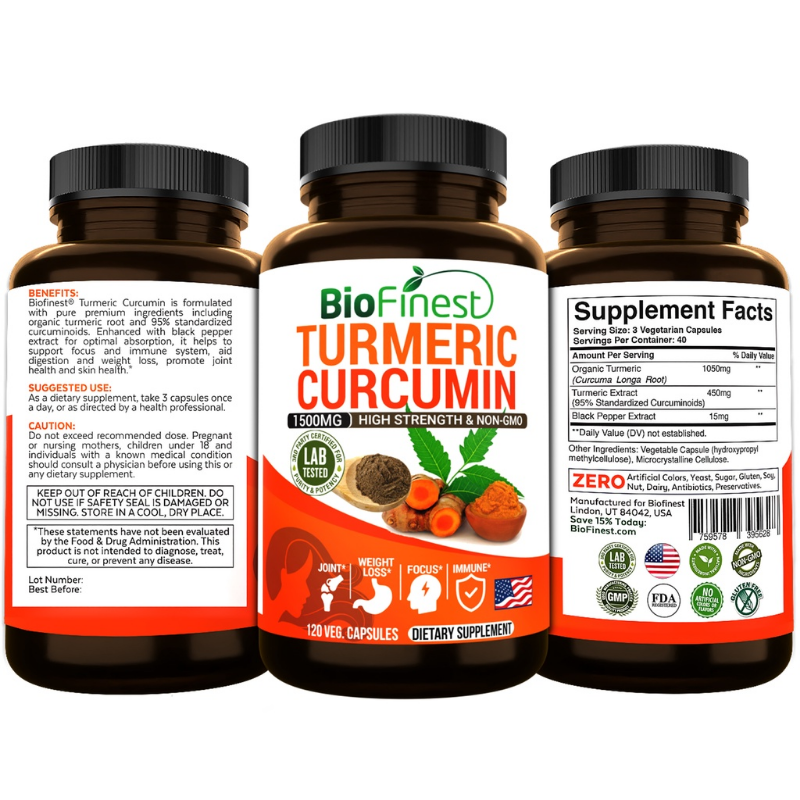 Kurkuma Curcumine 1500Mg 95% Curcuminoids-Snelle Absorptie Zwarte Peper Joint Hart Immuun Supplement(120Caps)
