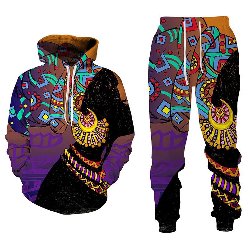 2022 Nieuwe 3D Afrikaanse Print Casual Mannen Broek Suits Paar Outfits Vintage Hip Hop Hoodies + Broek Mannelijke/Vrouwelijke trainingspak Set