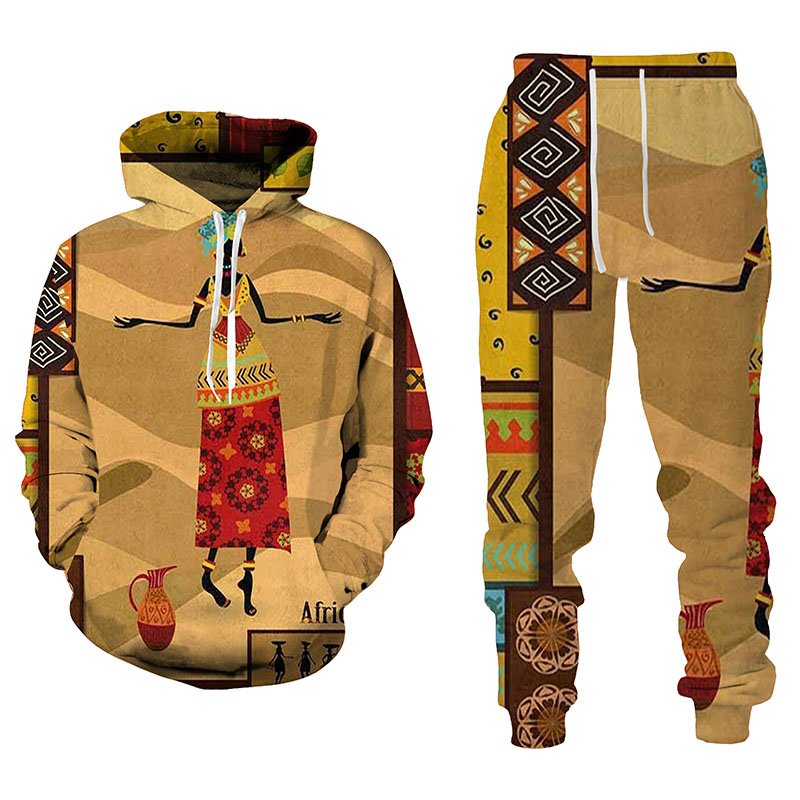 2022 Nieuwe 3D Afrikaanse Print Casual Mannen Broek Suits Paar Outfits Vintage Hip Hop Hoodies + Broek Mannelijke/Vrouwelijke trainingspak Set
